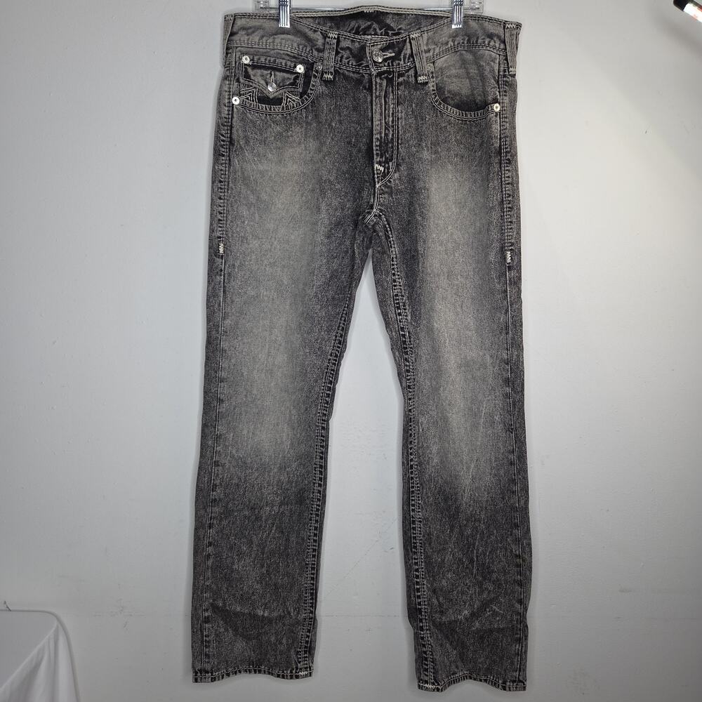 True Religion Straight Jeans Mens 36x34 Gray Black Dark Denim Flap ACID WASH